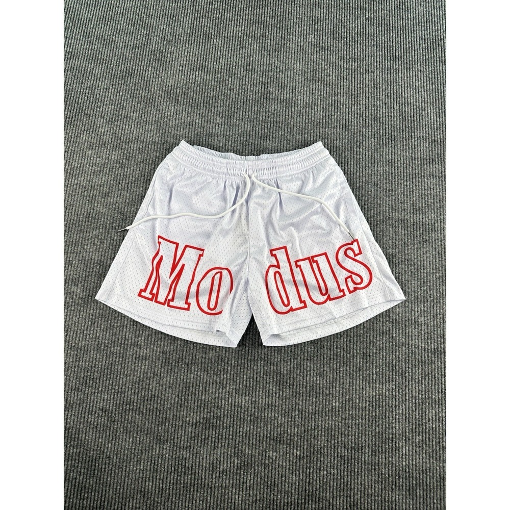 NWT Modus Brand Shorts White Mesh Red Spell Out Logo Active Athletic Sportswear